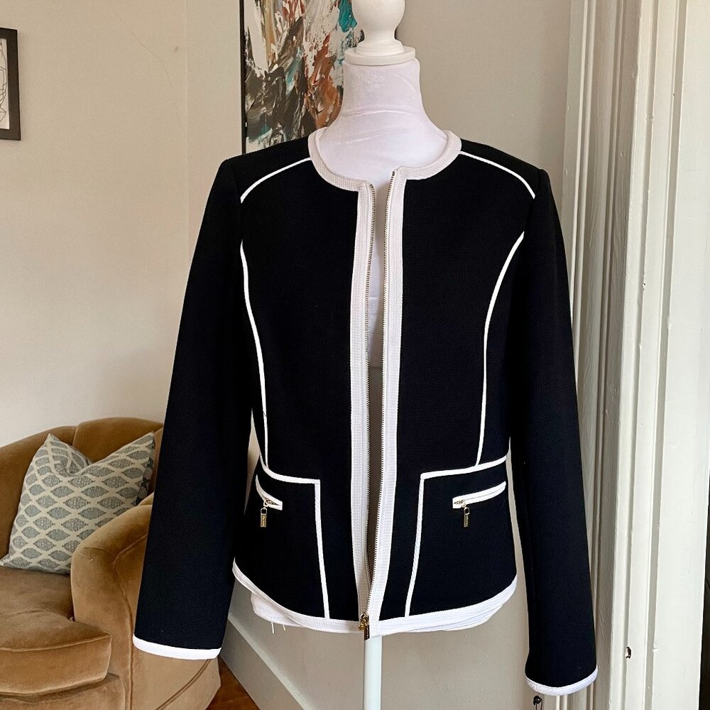 Calvin Klein / NWT Work Zippered Blazer / Black With White Piping / Sz 10